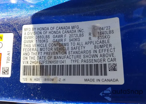 2022 Honda Civic Sport из США, поврежденный, VIN 2HGFE2F53NH581041